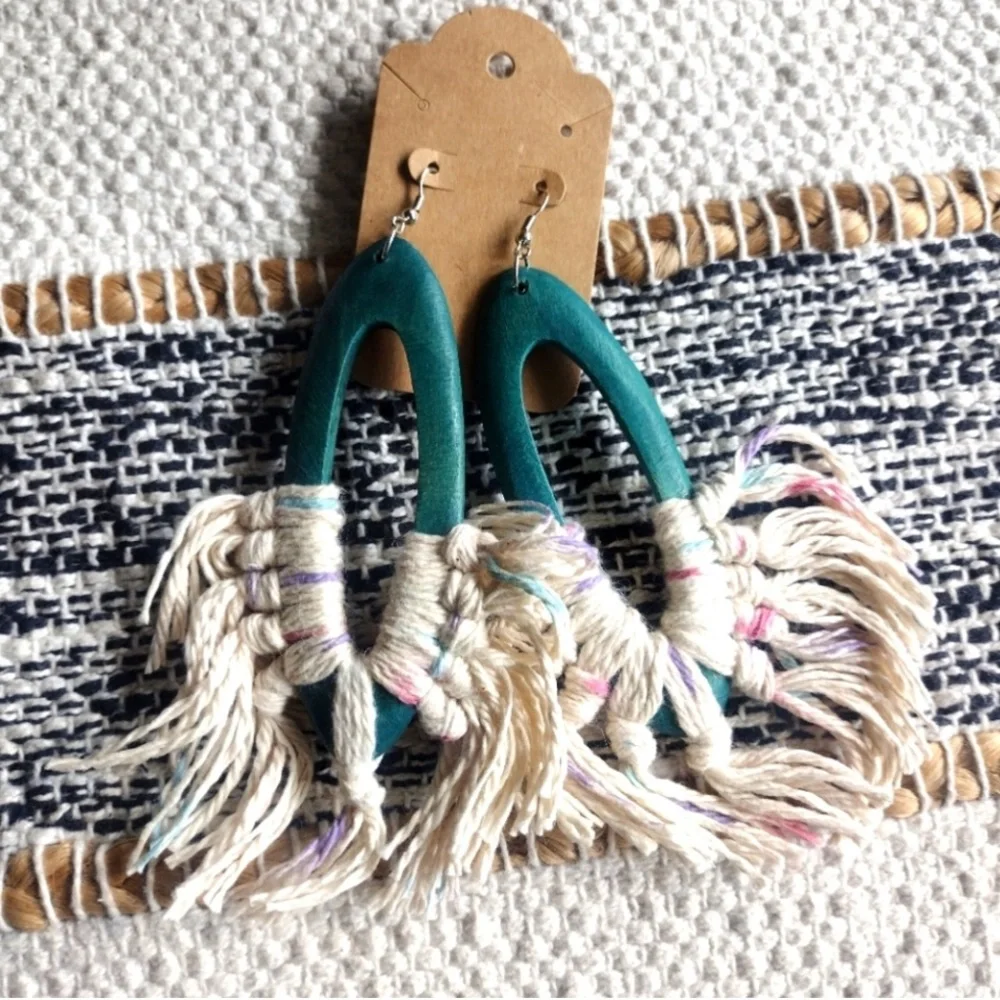 Gorgeous Handcrafted Earrings with Tribal Vibe. Teal colored wood cream fringe